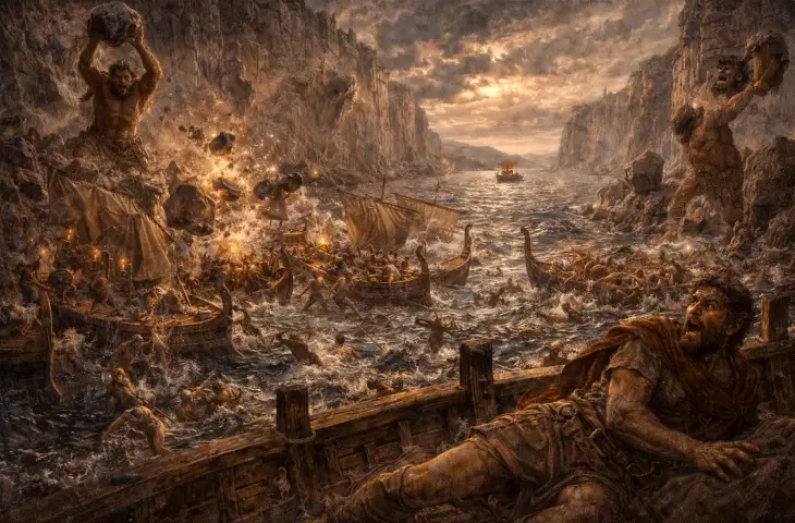 Odysseus’un filosunun Laistrygonlar ülkesinde kayalıklardan atılan dev taşlarla yok edilişini betimleyen mitolojik sahne; dar limanda parçalanan gemiler ve kaçmaya çalışan denizciler görülüyor.